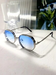 015068863-0009-SX2358 1pc Men/Women's Metallic Geometric Polygon Glasses, Fashion Street Eyewear Suitable For Outdoor And Indoor, Black, Gold, Silver, Brown, Thick Frames With Ventilation Design, Comes With PU Glasses Case Or Paper Box - Silver Framed Gradient Blue Lenses - View 1