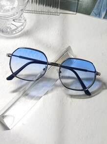 015068863-0009-SX2358 1pc Men/Women's Metallic Geometric Polygon Glasses, Fashion Street Eyewear Suitable For Outdoor And Indoor, Black, Gold, Silver, Brown, Thick Frames With Ventilation Design, Comes With PU Glasses Case Or Paper Box - Silver Framed Gradient Blue Lenses - View 5