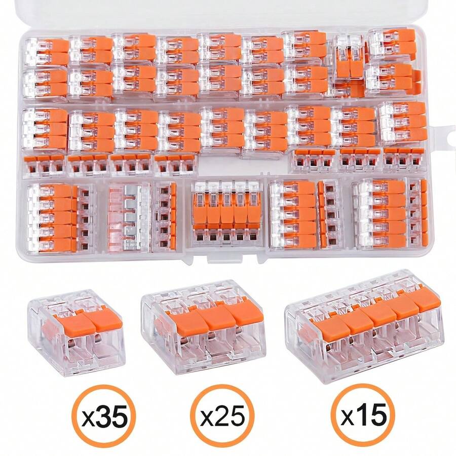 10pcs/75pcs Lever Wire Connectors, Wire Connector Assortment Pack Compact Splicing Connector Kit For Electrical Wires Solid Stranded Flexible Wires, 2 Port, 3 Port, 5 Port - Orange - View 1