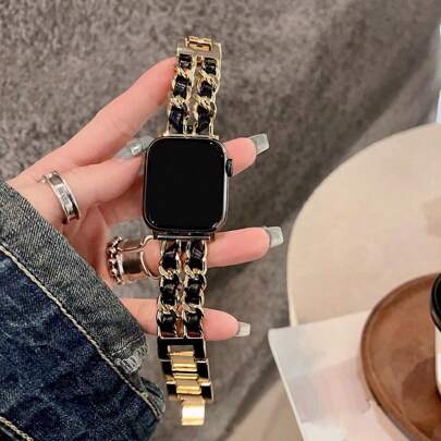 LuLuTom 1pc Black & Gold Fashion Luxury Double Chain Leather & Metal Bracelet Band Compatible With Apple Watch Band 38/40/41/42/44/45/49mm Compatible With Apple Watch Strap Ultra/SE/8/7/6/5/4/3/2/1