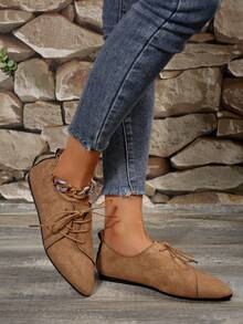 Bohemian Style Oversized Size 42 Fashion Outdoor Sports Casual Shoe For Women, 2024 Spring New Versatile Streetwear Criss-Cross Lace-Up Pointed Toe, Brown Color, Flat Bottom - Brown - View 4