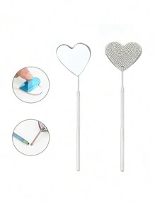 1pc Stainless Steel Heart Shaped Rhinestone-Inlaid Eyelash Mirror, Colored Eyelash Inspection Mirror