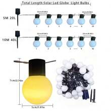 A String Of LED Bulb Lights, G50 Bulb Lights, White Plastic Ball Bulb Lights, Suitable For Outdoor Camping, Picnic, Tent Decoration, Ambience Lighting, Wedding Decoration, 5-Meter-Long Light String With 20 Lights Heads, Using 3 AA Battery Box And USB Dual-Use Style (Excluding Battery), And 5-Meter-Long Light String With 20 Lights Heads, Using Solar Power Supply Style (Including Two Accessories); 10-Meter-Long Light String With 40 Lights Heads, Using 3AA Battery Box And USB Dual-Use Style (Excluding Battery), And 10-Meter-Long Light String With 40 Lights Heads, Using Solar Power Supply Style (Including Two Accessories); Ball Bulb Size 5cm.