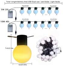 A String Of LED Bulb Lights, G50 Bulb Lights, White Plastic Ball Bulb Lights, Suitable For Outdoor Camping, Picnic, Tent Decoration, Ambience Lighting, Wedding Decoration, 5-Meter-Long Light String With 20 Lights Heads, Using 3 AA Battery Box And USB Dual-Use Style (Excluding Battery), And 5-Meter-Long Light String With 20 Lights Heads, Using Solar Power Supply Style (Including Two Accessories); 10-Meter-Long Light String With 40 Lights Heads, Using 3AA Battery Box And USB Dual-Use Style (Excluding Battery), And 10-Meter-Long Light String With 40 Lights Heads, Using Solar Power Supply Style (Including Two Accessories); Ball Bulb Size 5cm.