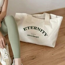 個性化客製照片姓名大容量可折疊托特包 女款手提肩背包 素色購物紀念袋 - 米色 - 查看 5