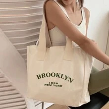 個性化客製照片姓名大容量可折疊托特包 女款手提肩背包 素色購物紀念袋 - 米色 - 查看 4