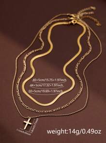 Nooxian 3入組潮流金色不鏽鋼寬平刀鏈和銅珠鏈交織的吊墜項鍊 - 金黃色 - 查看 4