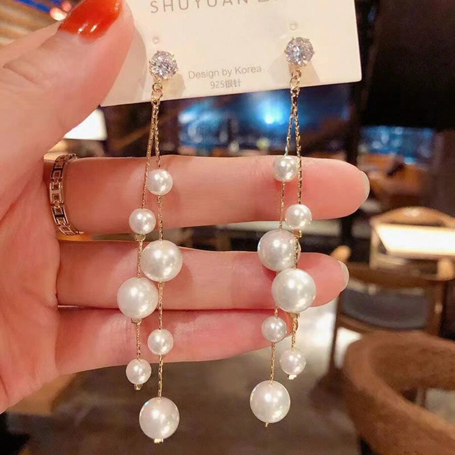 2pcs Super Fairy Elegant Tassel Faux Pearl Earrings Sweet Cool Minimalist S925 Silver Pin Earrings High-End Feeling Halloween