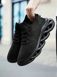 男士新款纯黑色户外刀底鞋，网眼透气系带跑步运动鞋，防臭，轻便，校园时尚百搭，减震，舒适网眼休闲运动鞋 - 黑色 - 查看 3