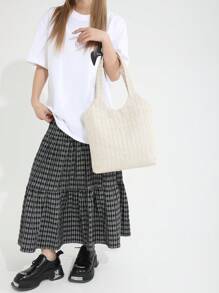 編織簡約設計,大容量,休閒,海灘度假,女士肩袋 - 米色 - 查看 6