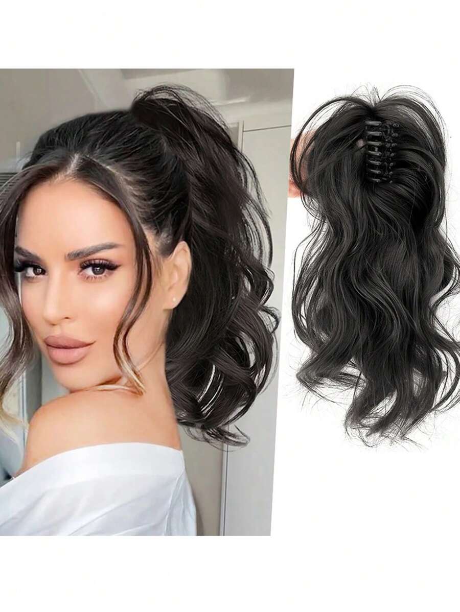 Synthetic Wavy Ponytail Extension Hairpiece Short Curly Claw Clip Ponytail For Women Heat Resistant Pony Tail Clip Wig - Black - View 1