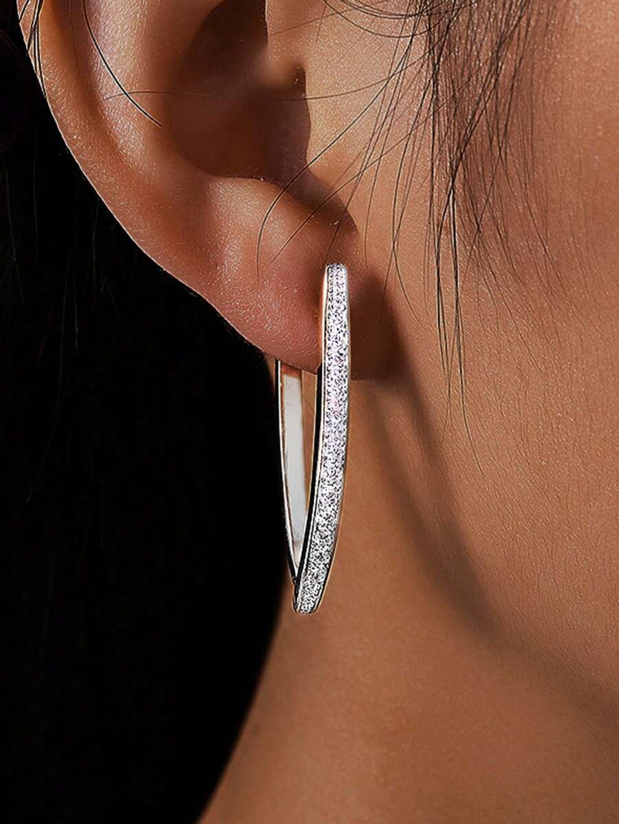 925 Sterling Silver Geometric Full CZ Women Earring, Cubic Zirconia Inlaid Simple Large Earring