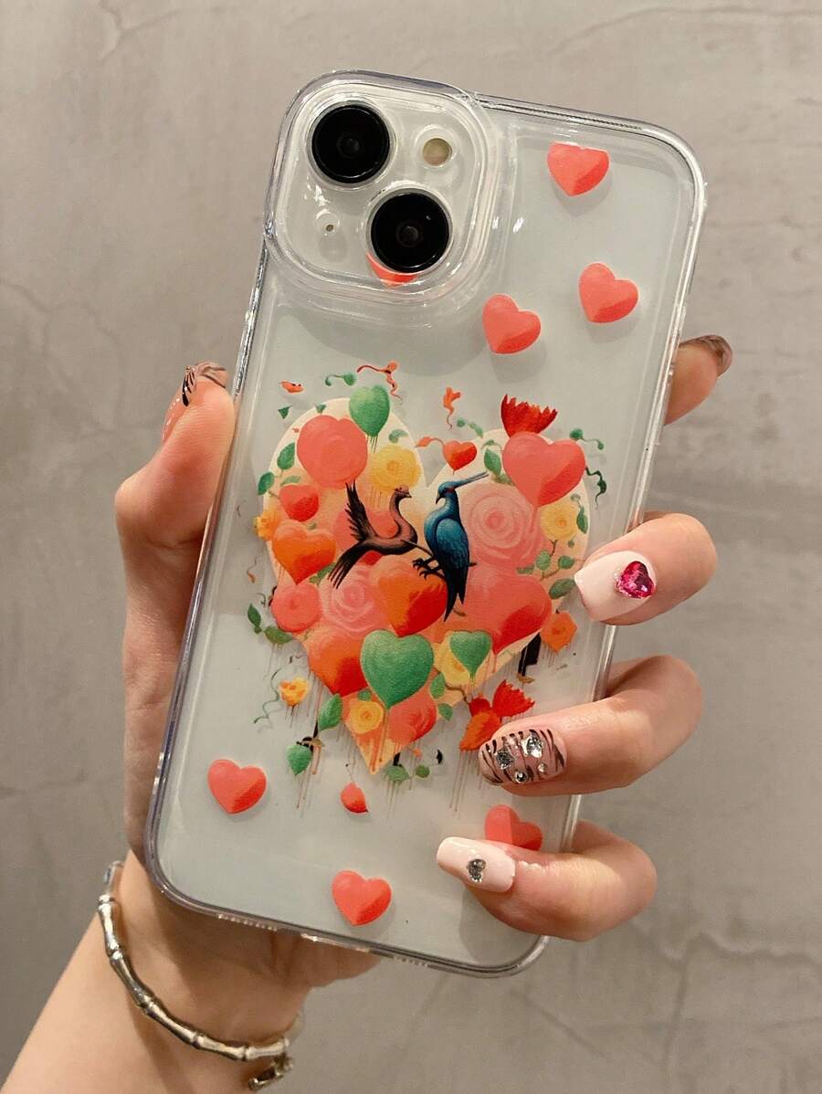 1pc Couple Bird & Heart Design Transparent Thick Shockproof Phone Case Compatible With IPhone 15/14/13/12/11pro Max