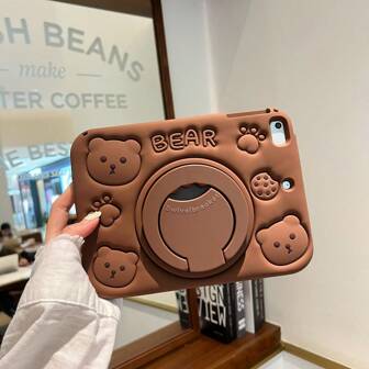 Teddy Bear Apple 1pc Cute Bear Design Silicone Soft Case With 360 Rotation Stand Compatible With Ipad, Shockproof & Full Protection