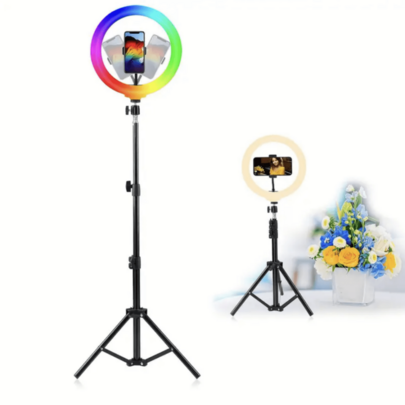 1 pieza Anillo de luz para selfies con soporte de trípode, soporte de 62.99 pulgadas y luz de belleza RGB en vivo de 8 pulgadas, con soporte de trípode ajustable, para transmisión en vivo, video y maquillaje