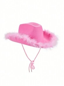 1入粉色毛絨西部牛仔帽，時尚個性化，毛茸茸的邊緣，適合街頭穿搭和節日派對 - 粉色 - 查看 2