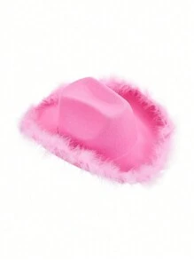 1入粉色毛絨西部牛仔帽，時尚個性化，毛茸茸的邊緣，適合街頭穿搭和節日派對 - 粉色 - 查看 5