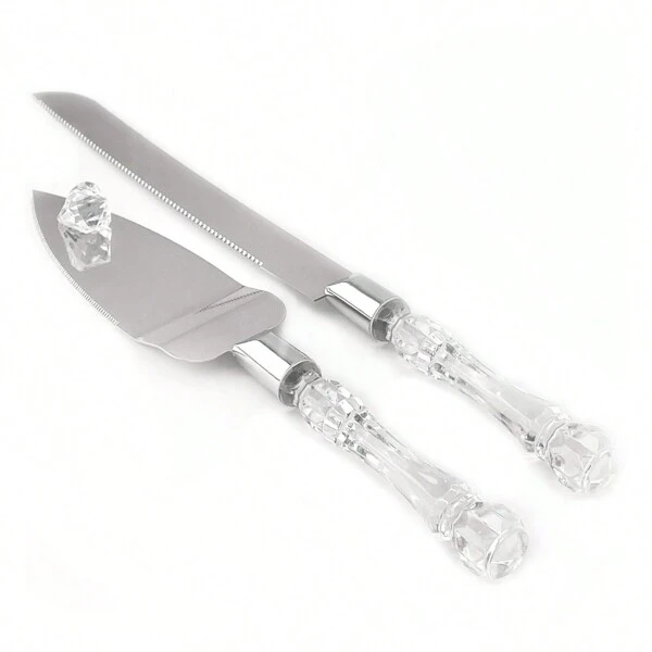 Juego de corte de pastel de bodas de 2 piezas, con mango de cristal falso de acrílico y acero inoxidable, juego de cuchillo y pala de pastel para bodas, cumpleaños, fiestas, aniversarios