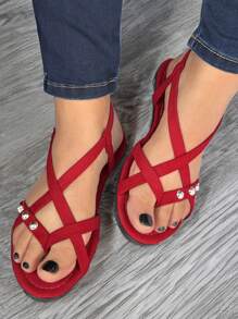 Sandalia Dama Huarache Mujer Roja Perlas Tiras Comoda Suela Baja Con Broche  Antiderrapante Tallas 22 a 27 (Perlas rojas) - Rojo - Ver 3