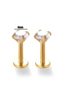 Toppiercing 1pair Simple & Fashionable Round Cubic Zirconia Push Pin Stainless Steel Cartilage Stud Earrings - Yellow Gold - View 19