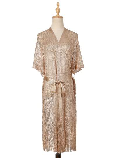 1 pièce Kimono cardigan extra long et léger en couleur unie avec franges et ceinture, cache-maillot d'été grande taille