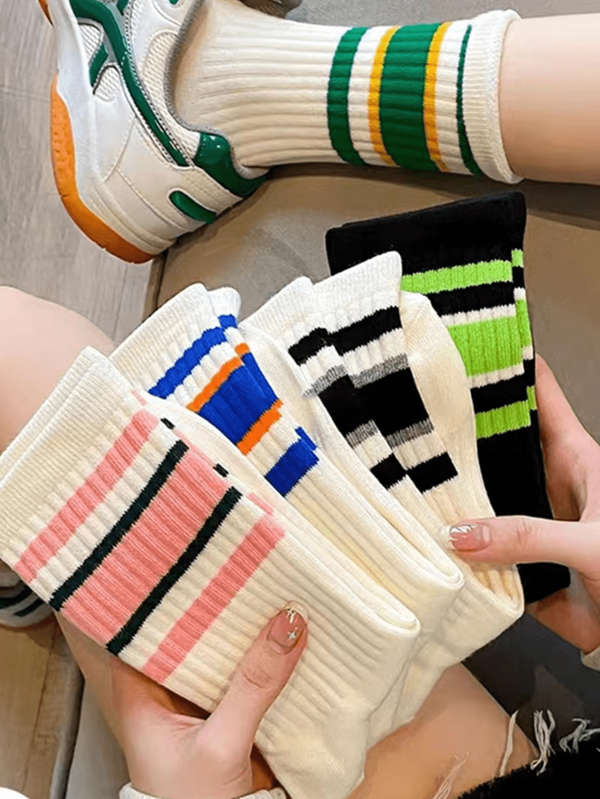 5 Pairs Of Women's Mid Length Stockings With Colorful Stripes, Versatile And Sporty Stacking Socks, Paired With Shark Pants