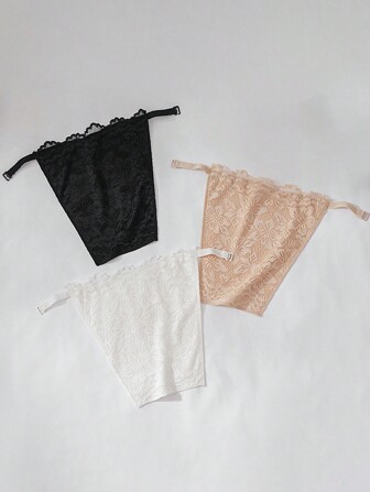 Set Of 3 Women's Black/White Skin Tone Double Layered Floral Lace Hook And Eye Closure Bra Strap Extender With Adjustable Three Hooks And One-Piece Breast Cover Pretend Collar Accessories Women Valentine's Day Valentines
