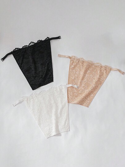 Set Of 3 Women's Black/White Skin Tone Double Layered Floral Lace Hook And Eye Closure Bra Strap Extender With Adjustable Three Hooks And One-Piece Breast Cover Pretend Collar Accessories Women Valentine's Day Valentines