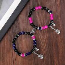2pcs/Set Couple Bracelets With Guitar & Crown Design, Pink & Blue Beaded Bracelets With Heart Shaped Stone Decoration,Friendship, Distance & Promise Bracelets, Fashion Jewelry Gift For Best Friends - Multicolor - View 1