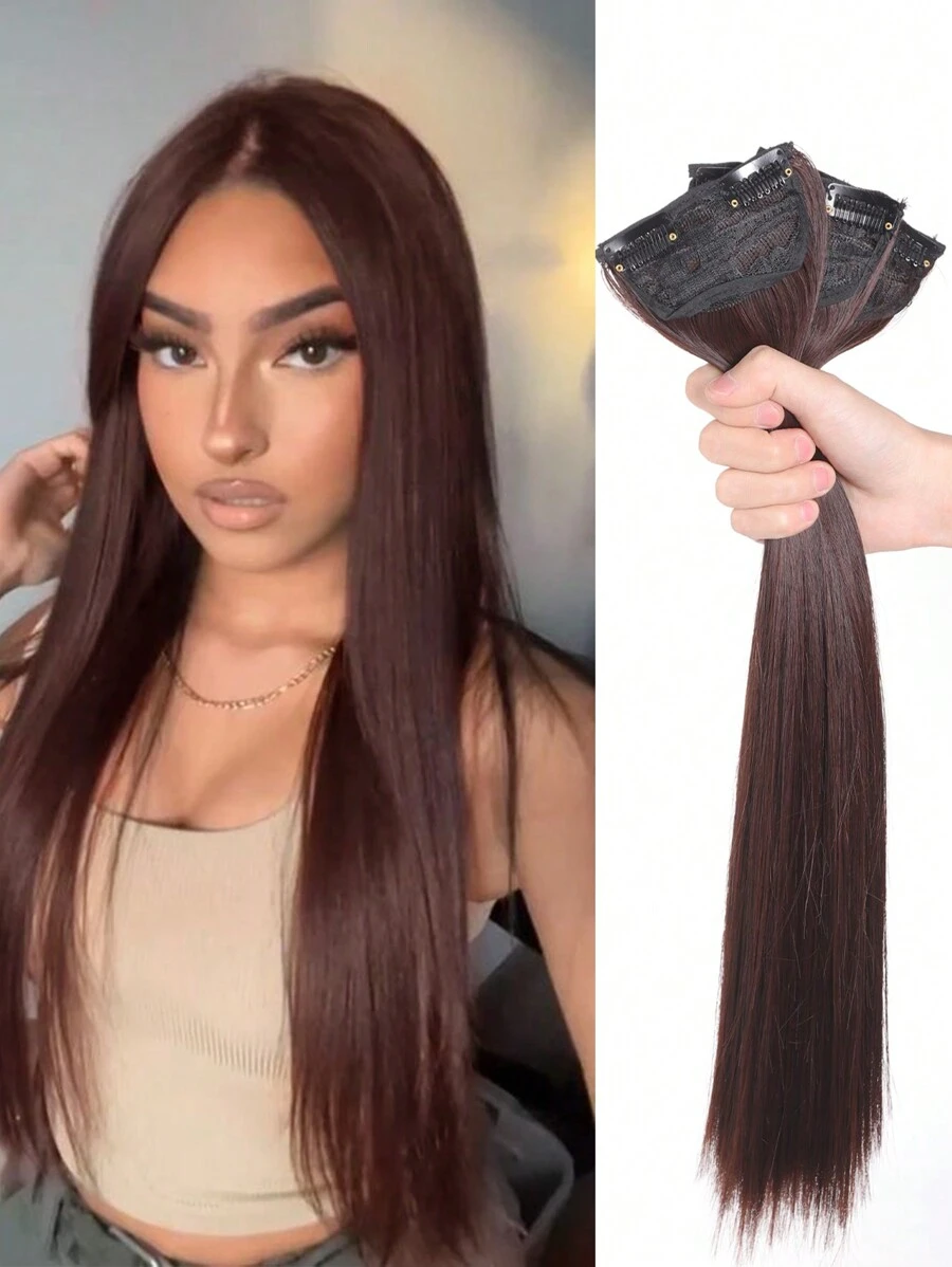 Dark Brown Synthetic Hair Extensions 3pcs Set 20 Inch 24 Inch Full Head Clip In Extensions For Women Thick Natural Hair Extensions Silky Straight - Dark Brown - View 1