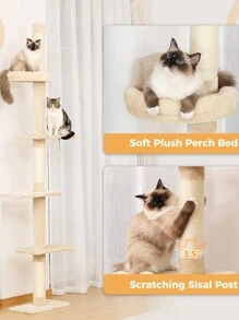PAWZ Road Cat Tree, 5-Tier Floor To Ceiling Height Adjustable Tall Cat Climbing Activity Center With Scratching Post, Cozy Bed, Dangling Ball For Indoor Cats/Kittens Gray - 米色 - 查看 3