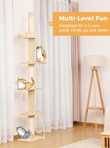 PAWZ Road Cat Tree, 5-Tier Floor To Ceiling Height Adjustable Tall Cat Climbing Activity Center With Scratching Post, Cozy Bed, Dangling Ball For Indoor Cats/Kittens Gray - 米色 - 查看 2