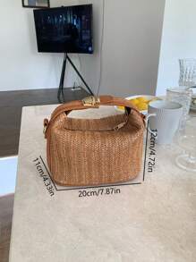 Bolso pequeño de paja tejido de verano para mujeres, bolso de mano de vacaciones con correa para el hombro y bandolera de moda - Marrón - Ver 2