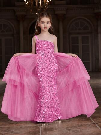 Tween Girl Single-Shoulder Floor-Length Sequin Evening Dress With Layered Tulle Skirt & Fitted Silhouette – Elegant & Glamorous For Weddings, Galas, Or Cocktail Parties