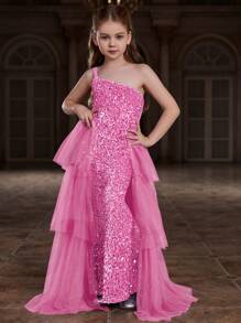 Elegant Sleeveless Sequin Floor-Length Evening Dress, Multi-Layer Chiffon Skirt, Fitted Silhouette - Charming And Suitable For Weddings, Galas - Pink - View 3