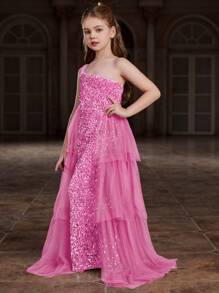 Elegant Sleeveless Sequin Floor-Length Evening Dress, Multi-Layer Chiffon Skirt, Fitted Silhouette - Charming And Suitable For Weddings, Galas - Pink - View 4