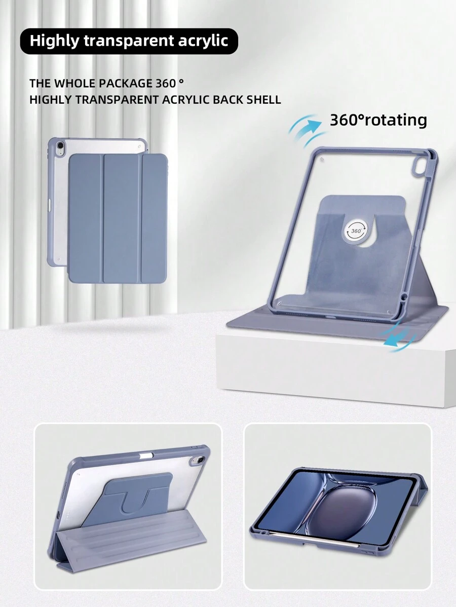 1pc Light Grey Purple Acrylic Ipad Case With Tri-Fold Design, Rotatable & Pen Holder Cover, Multiple Stand Modes, Simple & Business Style, Compatible With Ipad Mini 6/9.7/10.2/10.5/10.9/11 Inch/10th Gen/12.9 Inch Models - Dusty Purple - View 1