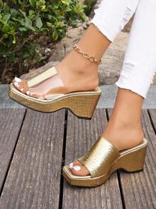 NỮ Gót dày Nền tảng Trượt , Trong suốt Vàng Màu sắc Chóp giầy mở ra Giày dép Giày dép , Đúng mốt Và Linh hoạt - Vàng - Xem 3