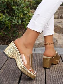 NỮ Gót dày Nền tảng Trượt , Trong suốt Vàng Màu sắc Chóp giầy mở ra Giày dép Giày dép , Đúng mốt Và Linh hoạt - Vàng - Xem 2