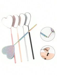 1pc Stainless Steel Heart Shaped Rhinestone-Inlaid Eyelash Mirror, Colored Eyelash Inspection Mirror