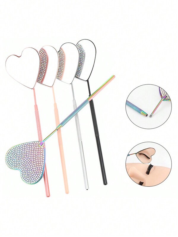 1pc Stainless Steel Heart Shaped Rhinestone-Inlaid Eyelash Mirror, Colored Eyelash Inspection Mirror