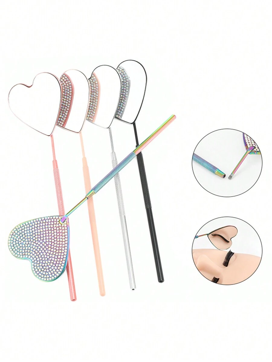 1pc Stainless Steel Heart Shaped Rhinestone-Inlaid Eyelash Mirror, Colored Eyelash Inspection Mirror