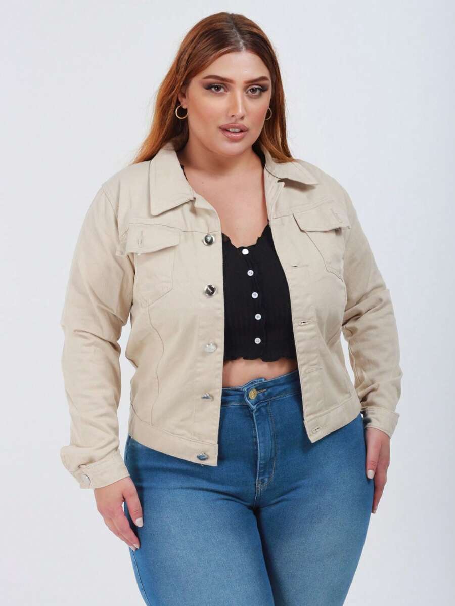 Plus Size Denim Jackets - Beige - View 1