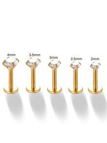 Toppiercing 1pair Simple & Fashionable Round Cubic Zirconia Push Pin Stainless Steel Cartilage Stud Earrings - Yellow Gold - View 15