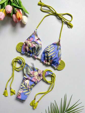 Ladies Tropical Print Braided Halter Tie Bikini Swimwear Set Summer