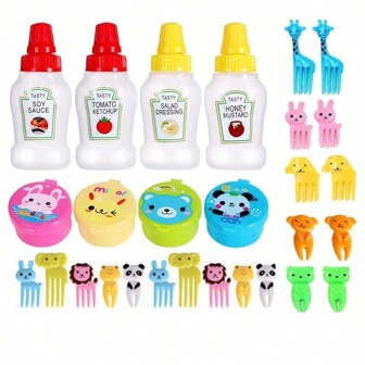 28pcs Portable Condiment Bottle Set Tomato Honey Sauce Dispenser Cartoon Animal Fruit Fork Seasoning Box,Kitchen,Christmas Gift,School Supplies
