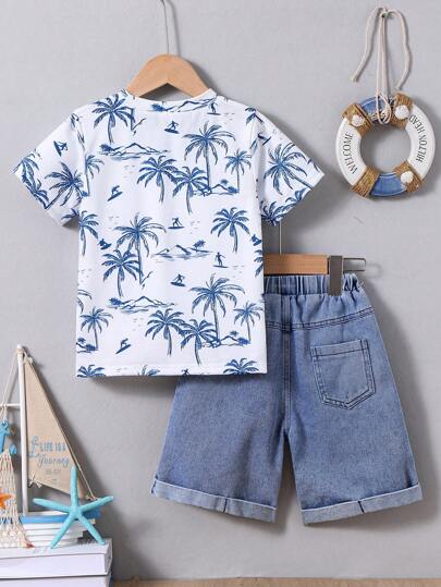 Young Boy Summer Holiday Coconut Tree Pattern Printed Short Sleeve T-Shirt And Denim Shorts Set