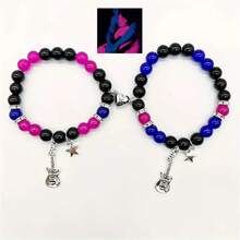 2pcs/Set Couple Bracelets With Guitar & Crown Design, Pink & Blue Beaded Bracelets With Heart Shaped Stone Decoration,Friendship, Distance & Promise Bracelets, Fashion Jewelry Gift For Best Friends - Multicolor - View 3