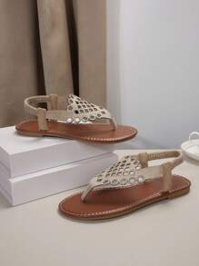 Women Bohemian Fashionable Rhinestone Flat Thong Sandals With Toe Ring - Khaki - View 4