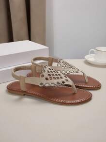 Women Bohemian Fashionable Rhinestone Flat Thong Sandals With Toe Ring - Khaki - View 5
